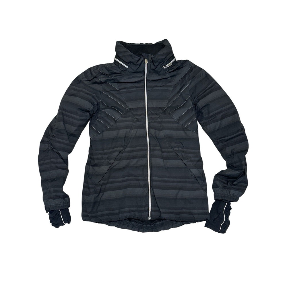 Lululemon Run: Hustle Jacket Women's Gray Stripe Lightweight Zip Hood Size 8